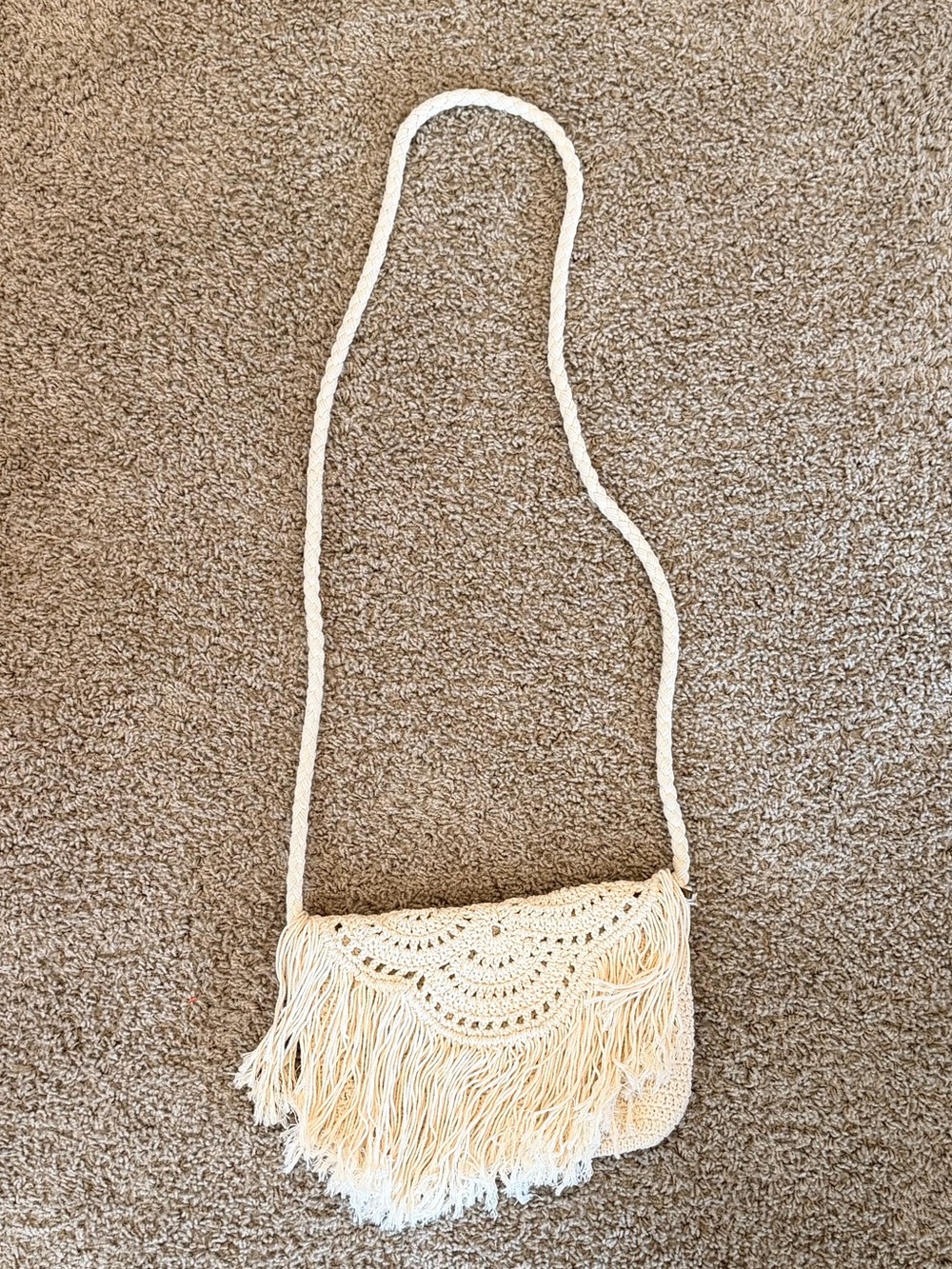 Beige Crochet Fringe Crossbody Bag - Picture 2 of 11
